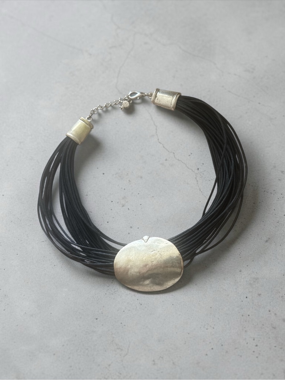 Vintage Handmade Black Waxed Leather Necklace with Hammered Silver Pendant